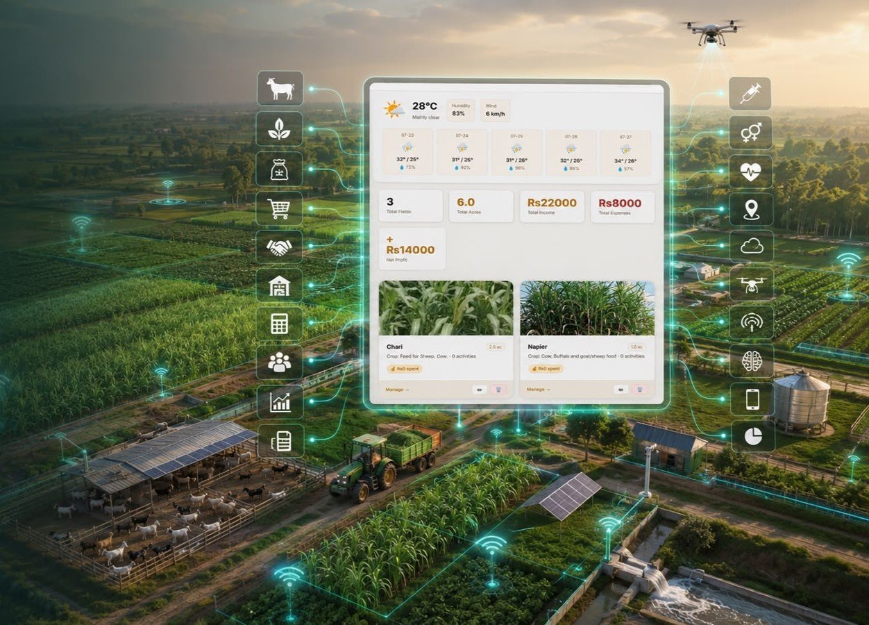 An aerial view of a working farm — livestock pens, crop fields, a tractor, and solar panels — connected by a MyFarms dashboard overlay showing weather, fields, and finance data