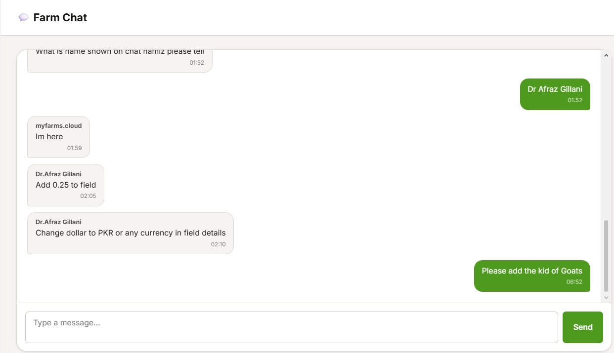 MyFarms farm chat between team members